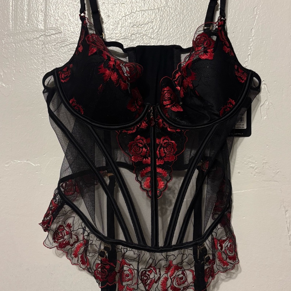 Honey Birdette Black and Red Lace Bustier